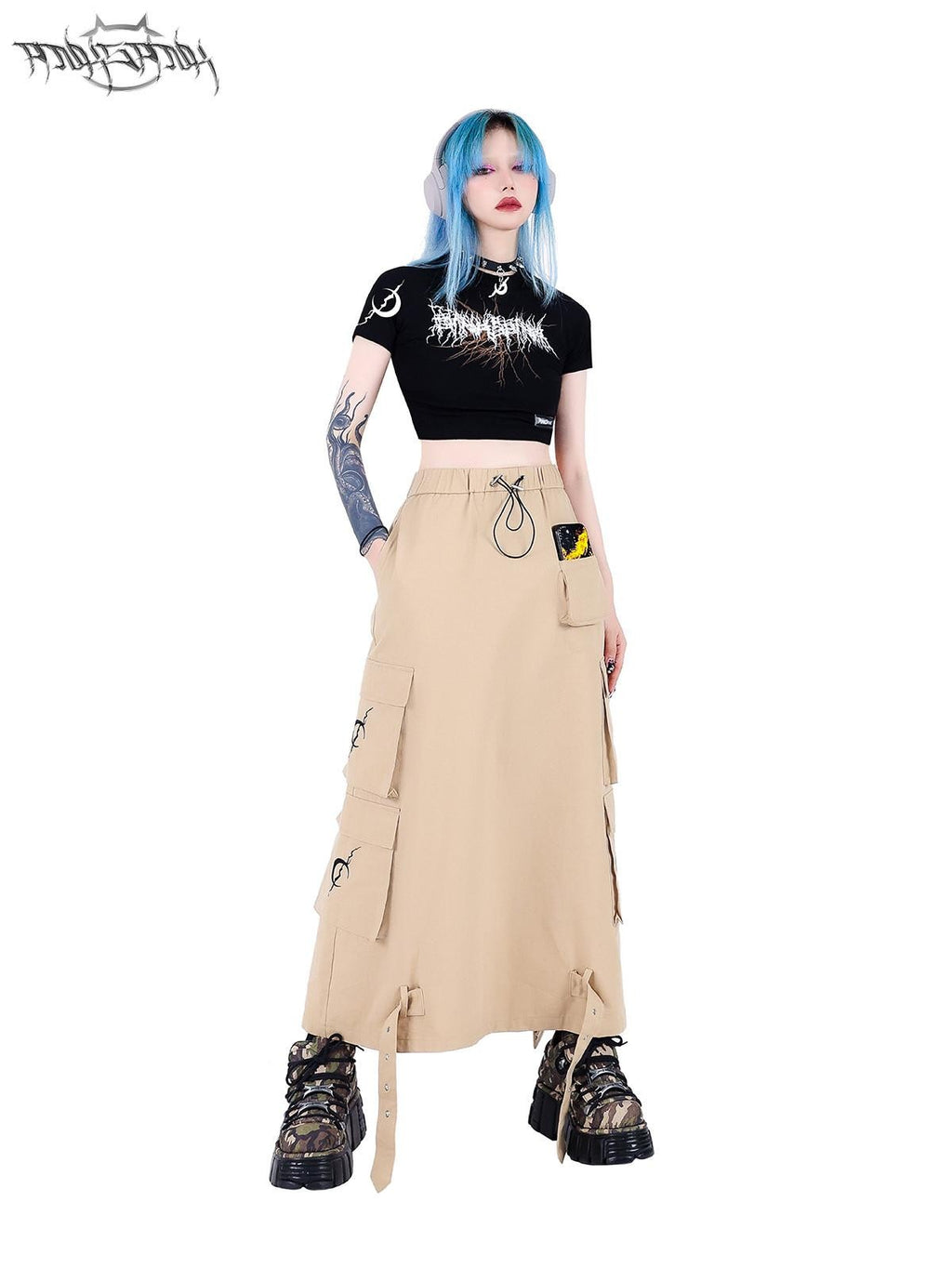 PINKSPINK Khaki Multi Pocket Utility Cargo Structured Number Print Women's A-line Skirts