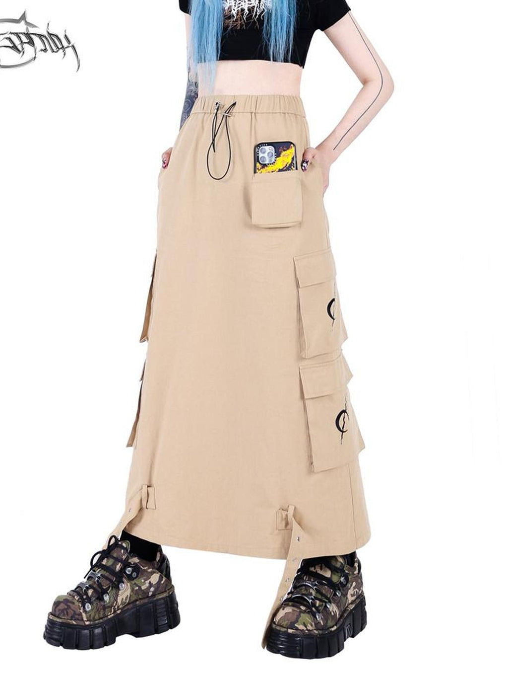 PINKSPINK Khaki Number Print Multi Pocket Utility Cargo Mid Waist Women's A-line Skirts