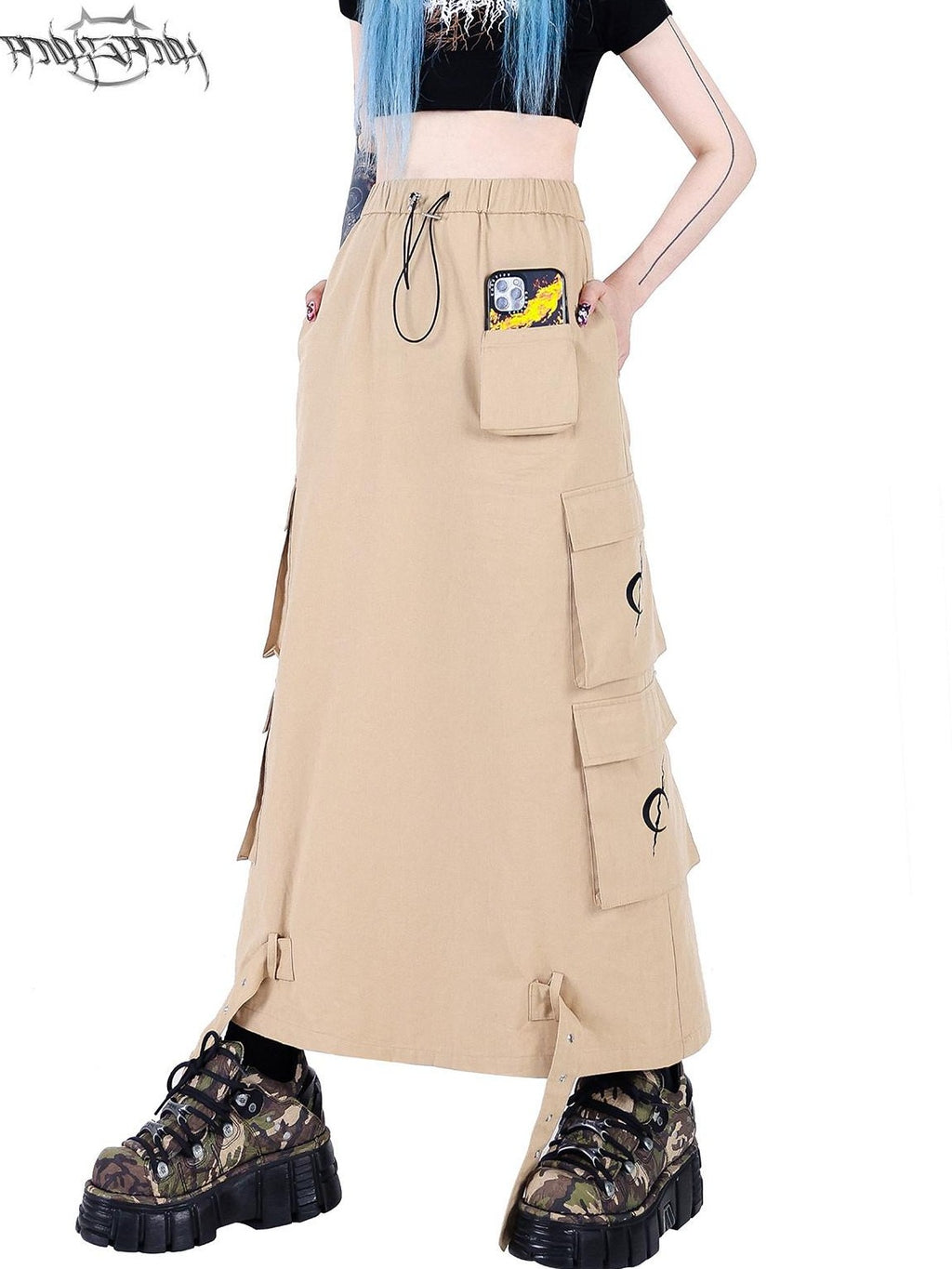 PINKSPINK Khaki Number Print Multi Pocket Utility Cargo Mid Waist Women's A-line Skirts