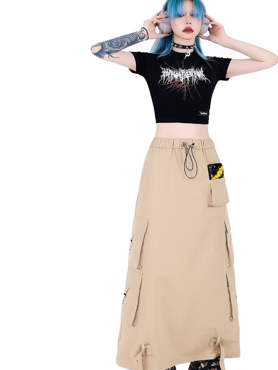 PINKSPINK Khaki Number Print Multi Pocket Utility Cargo Mid Waist Women's A-line Skirts