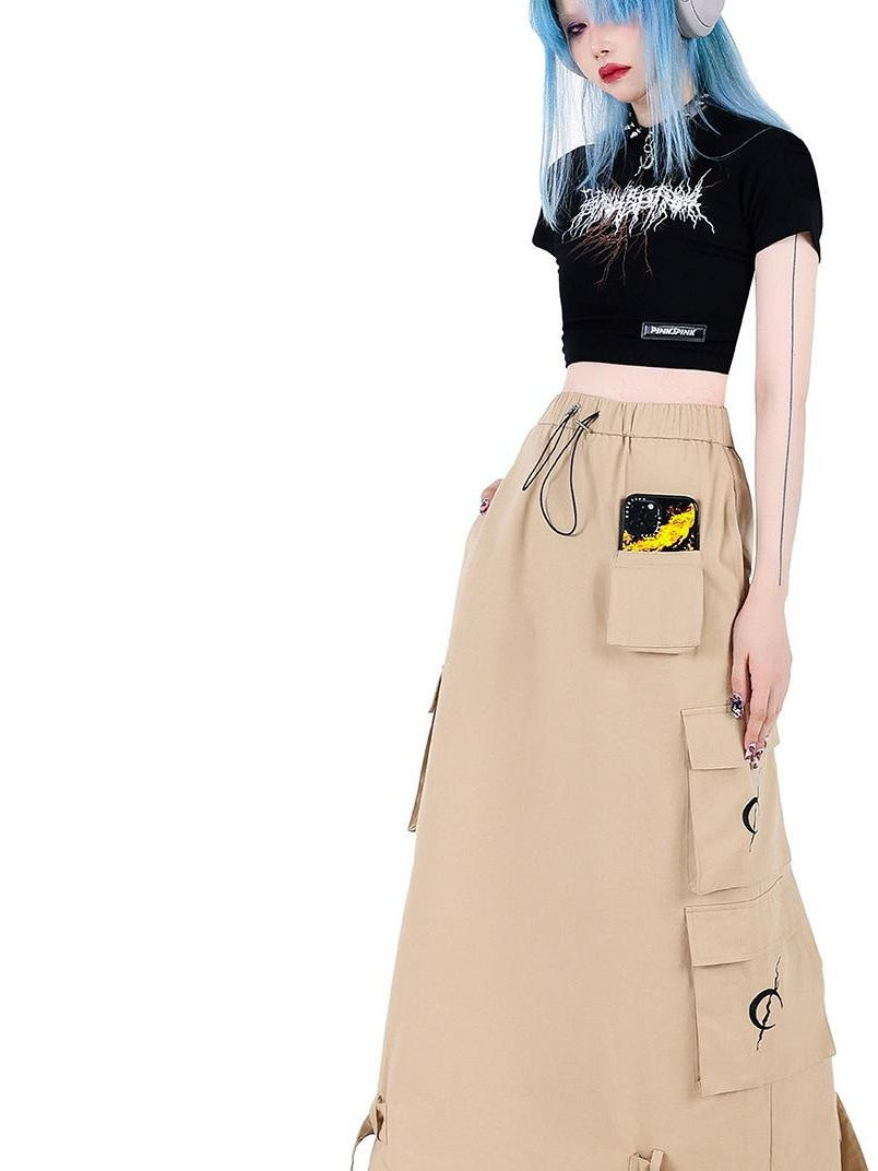 PINKSPINK Khaki Number Print Multi Pocket Utility Cargo Mid Waist Women's A-line Skirts