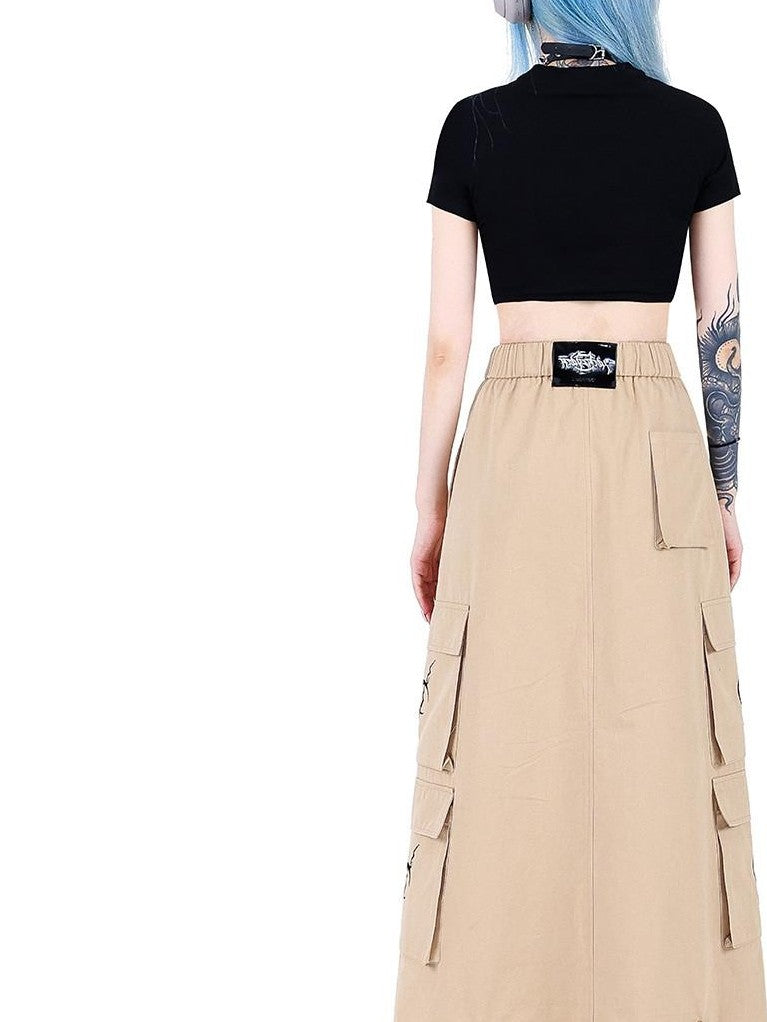 PINKSPINK Khaki Number Print Multi Pocket Utility Cargo Mid Waist Women's A-line Skirts
