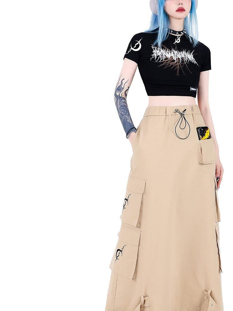 PINKSPINK Khaki Number Print Multi Pocket Utility Cargo Mid Waist Women's A-line Skirts
