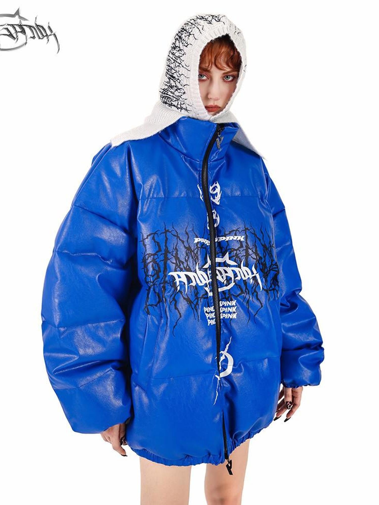 PINKSPINK Klein Blue Logo Print Biker High Collar Women's Pu Leather Puffer Jackets