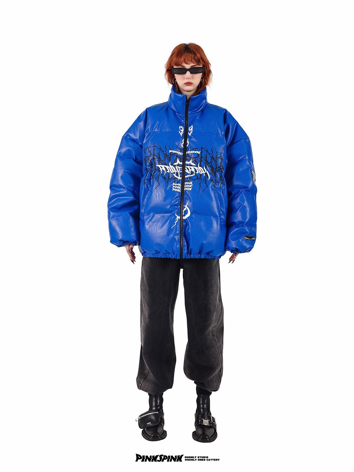 PINKSPINK Klein Blue Logo Print Biker High Collar Women's Pu Leather Puffer Jackets