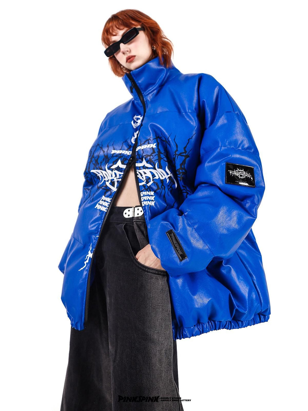PINKSPINK Klein Blue Logo Print Biker High Collar Women's Pu Leather Puffer Jackets
