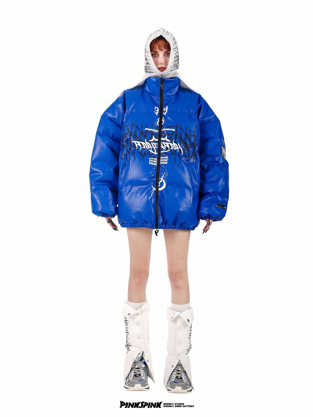 PINKSPINK Klein Blue Logo Print Biker High Collar Women's Pu Leather Puffer Jackets