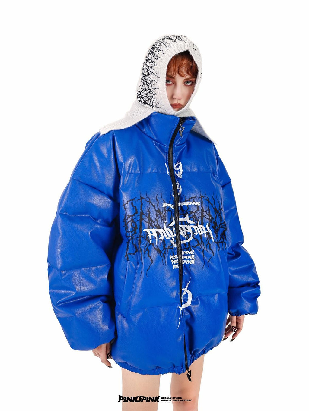 PINKSPINK Klein Blue Logo Print Biker High Collar Women's Pu Leather Puffer Jackets