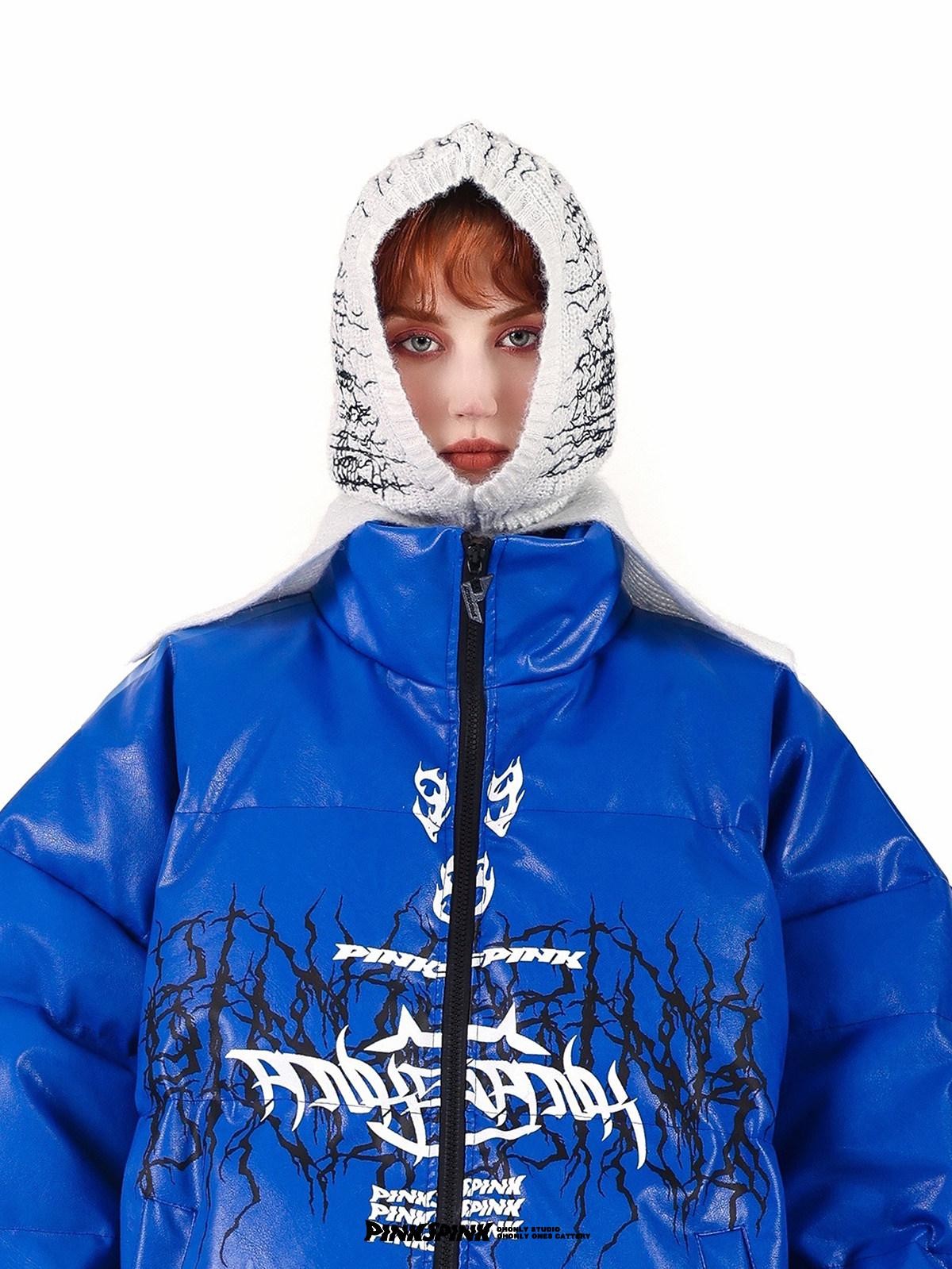 PINKSPINK Klein Blue Logo Print Biker High Collar Women's Pu Leather Puffer Jackets