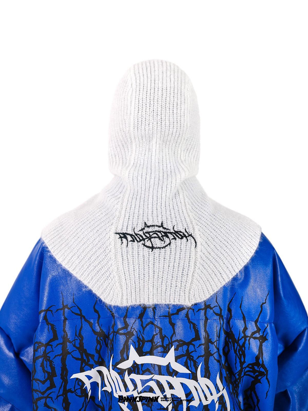 PINKSPINK Klein Blue Logo Print Biker High Collar Women's Pu Leather Puffer Jackets