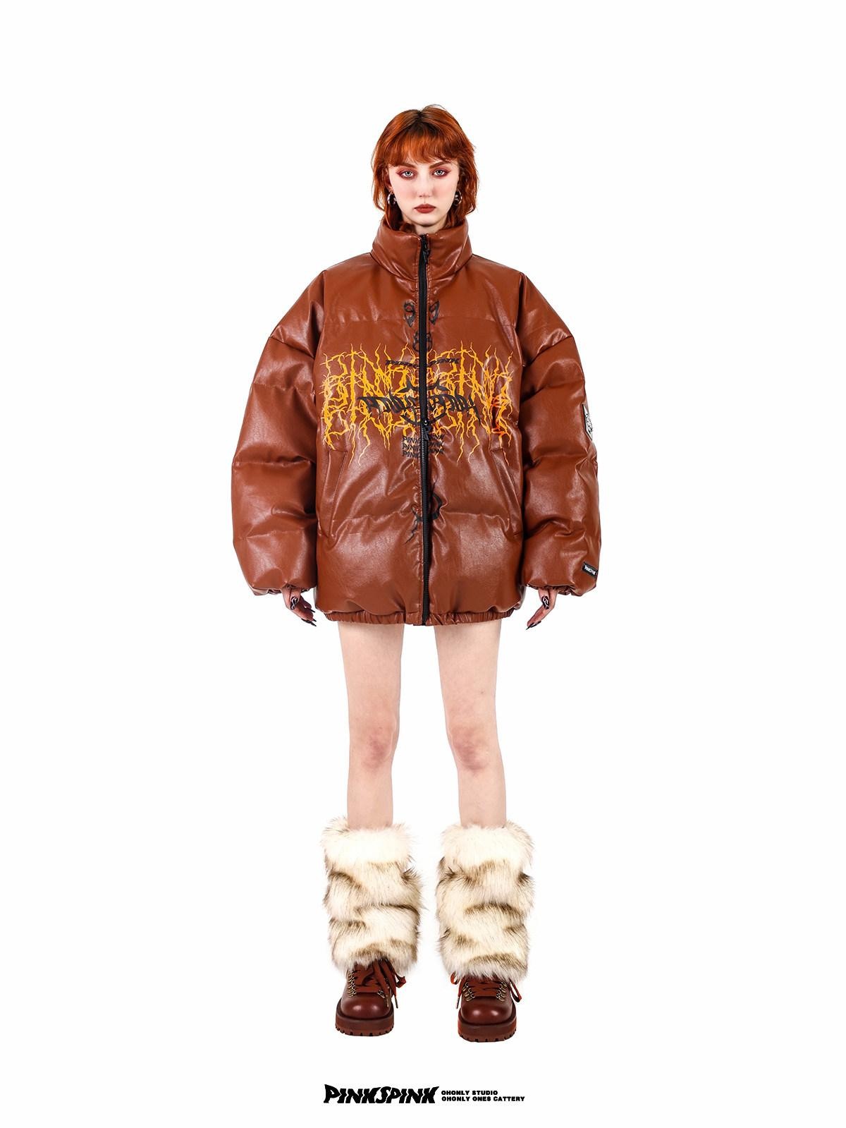 PINKSPINK Klein Blue Logo Print Biker High Collar Women's Pu Leather Puffer Jackets