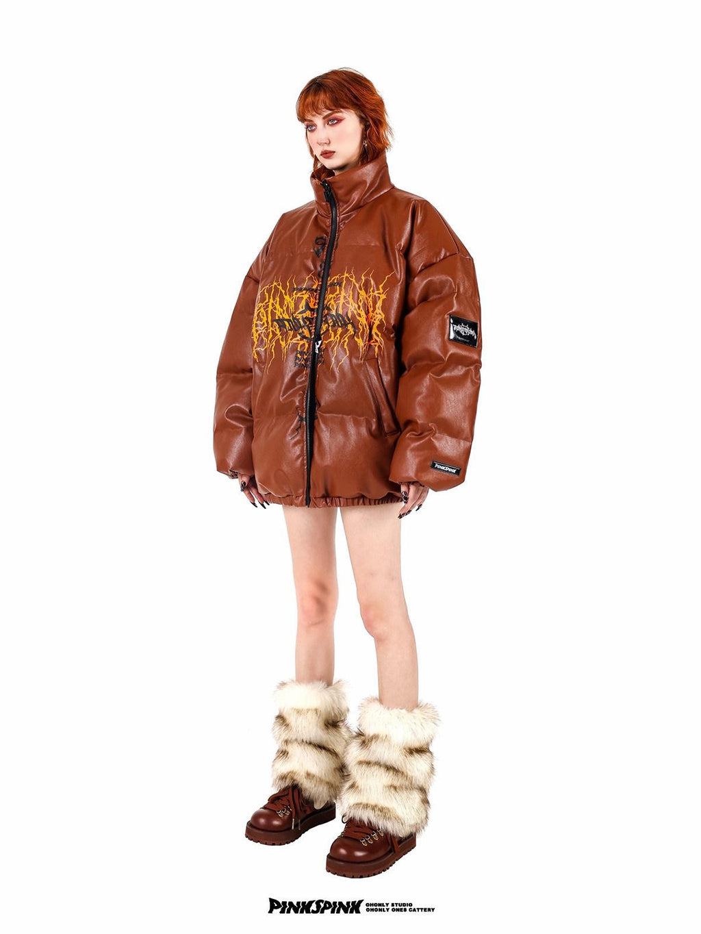 PINKSPINK Klein Blue Logo Print Biker High Collar Women's Pu Leather Puffer Jackets