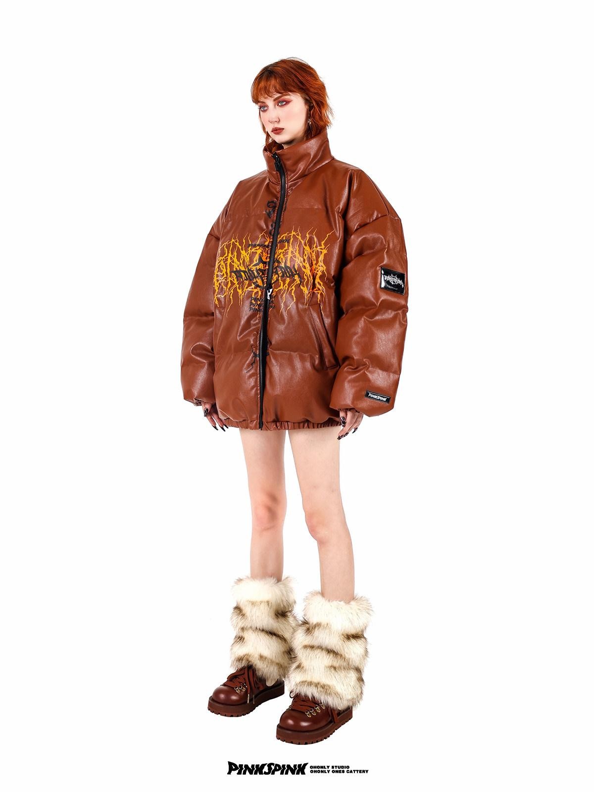 PINKSPINK Klein Blue Logo Print Biker High Collar Women's Pu Leather Puffer Jackets