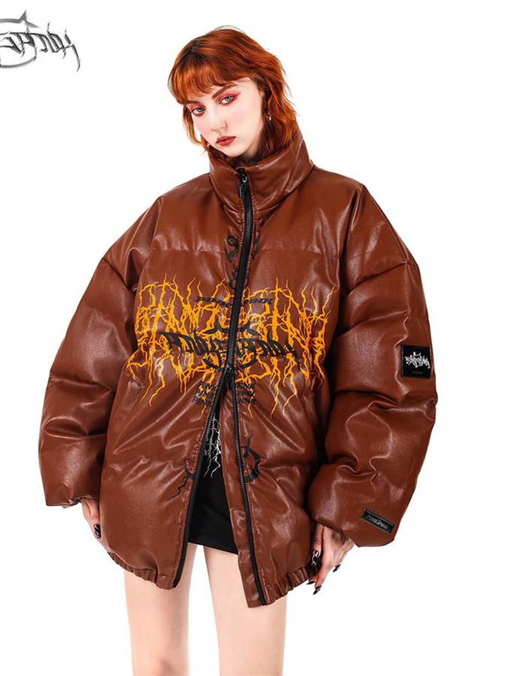PINKSPINK Klein Blue Logo Print Biker High Collar Women's Pu Leather Puffer Jackets
