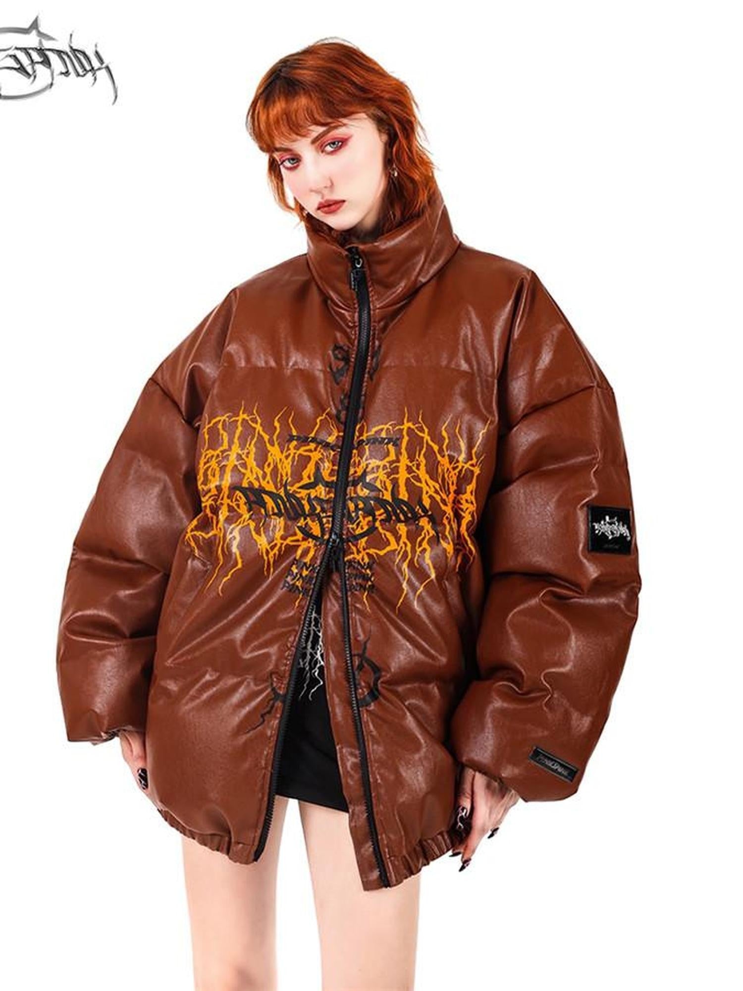 PINKSPINK Klein Blue Logo Print Biker High Collar Women's Pu Leather Puffer Jackets