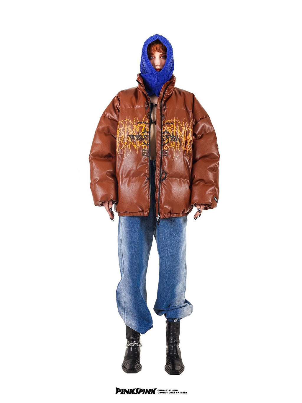 PINKSPINK Klein Blue Logo Print Biker High Collar Women's Pu Leather Puffer Jackets