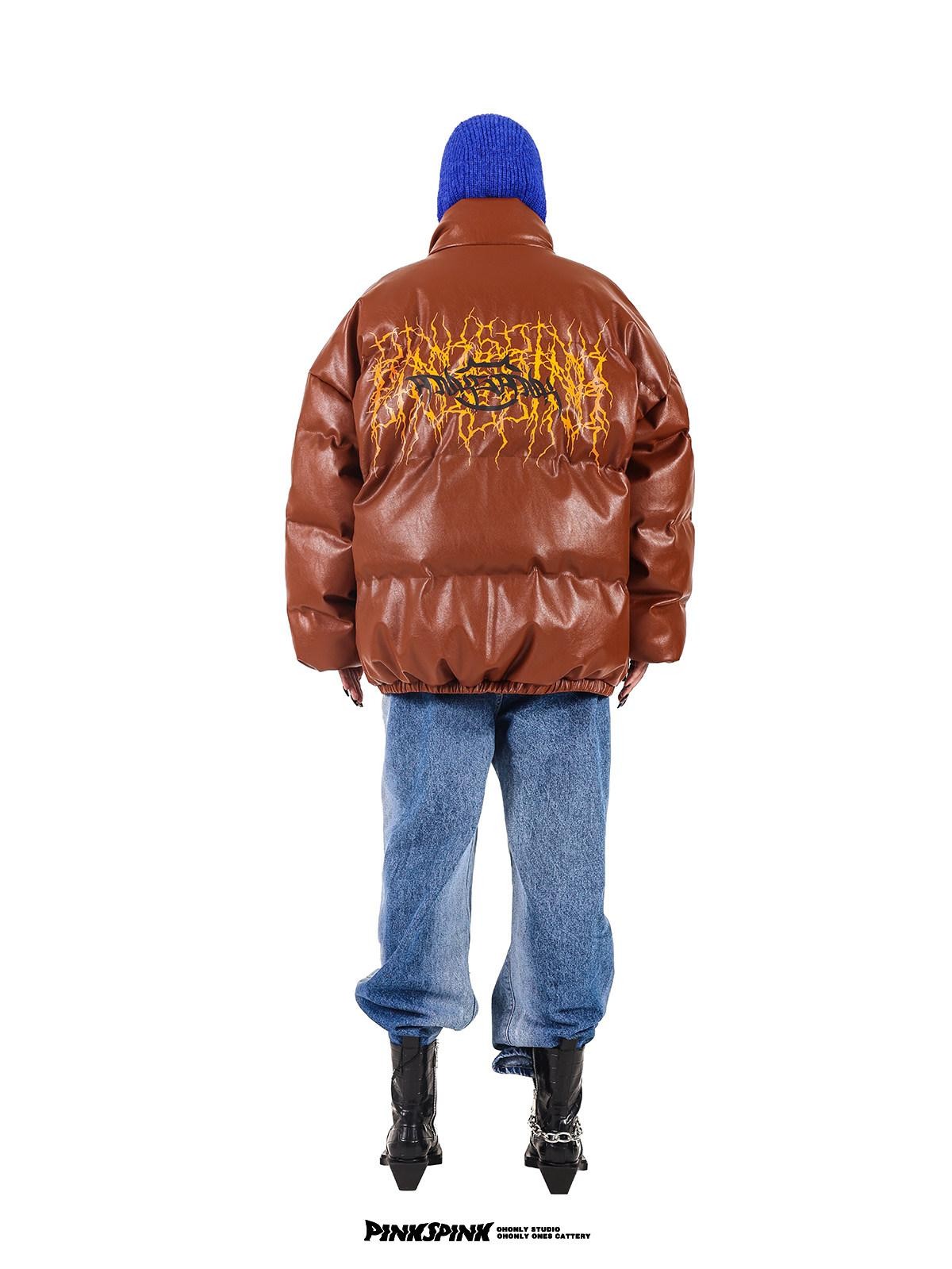 PINKSPINK Klein Blue Logo Print Biker High Collar Women's Pu Leather Puffer Jackets