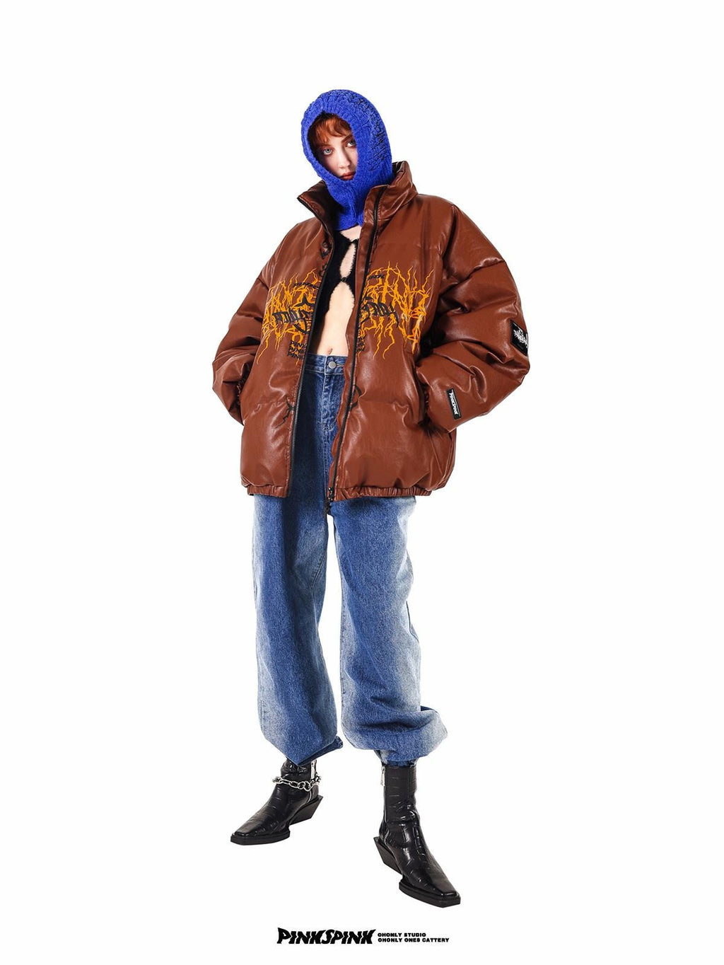 PINKSPINK Klein Blue Logo Print Biker High Collar Women's Pu Leather Puffer Jackets