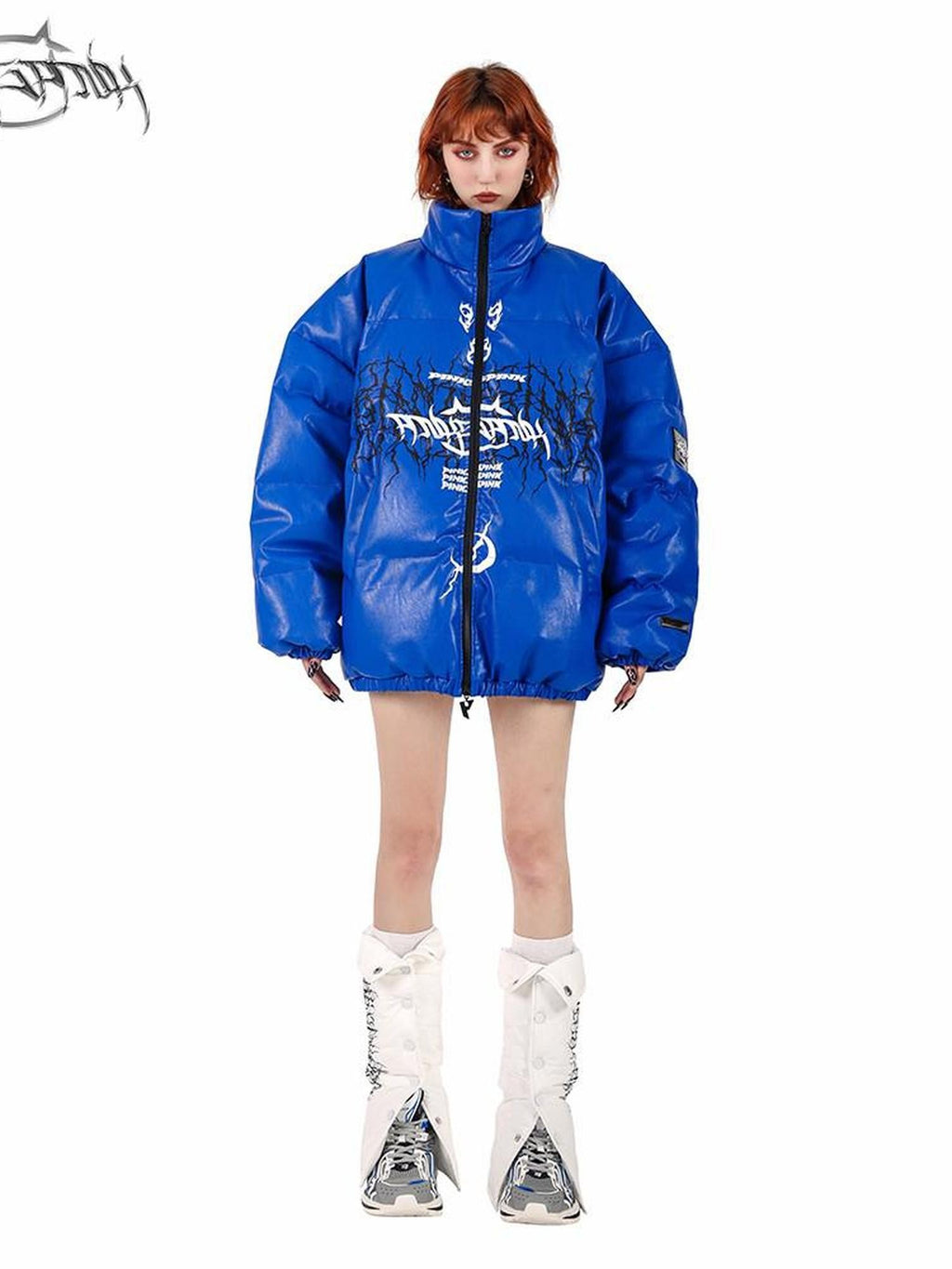 PINKSPINK Klein Blue Logo Print Biker High Collar Women's Pu Leather Puffer Jackets