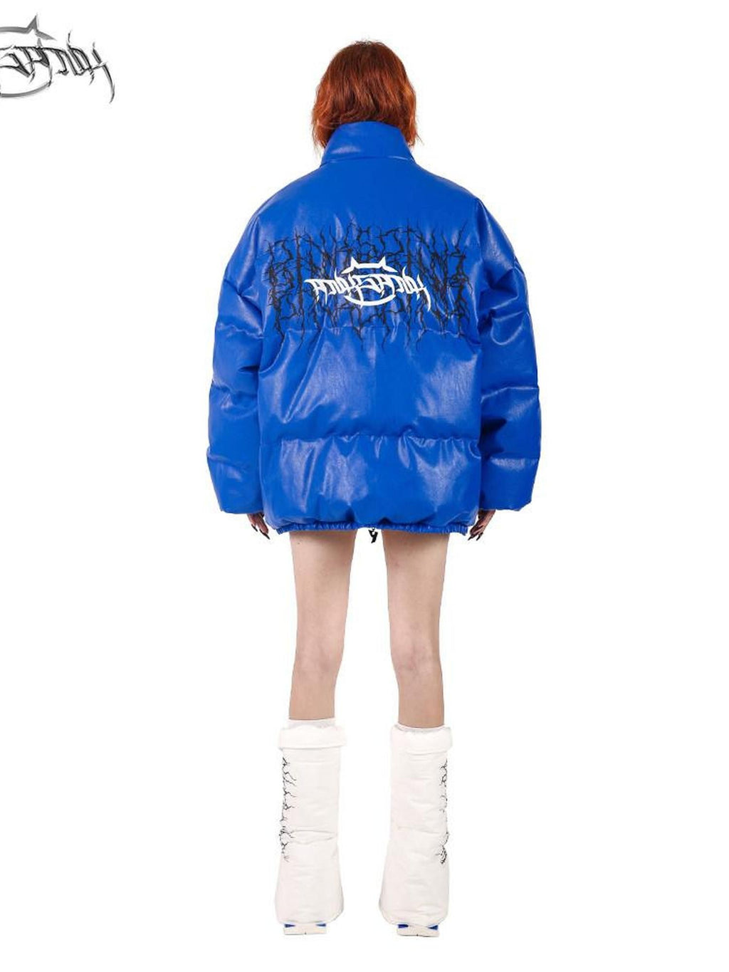 PINKSPINK Klein Blue Logo Print Biker High Collar Women's Pu Leather Puffer Jackets