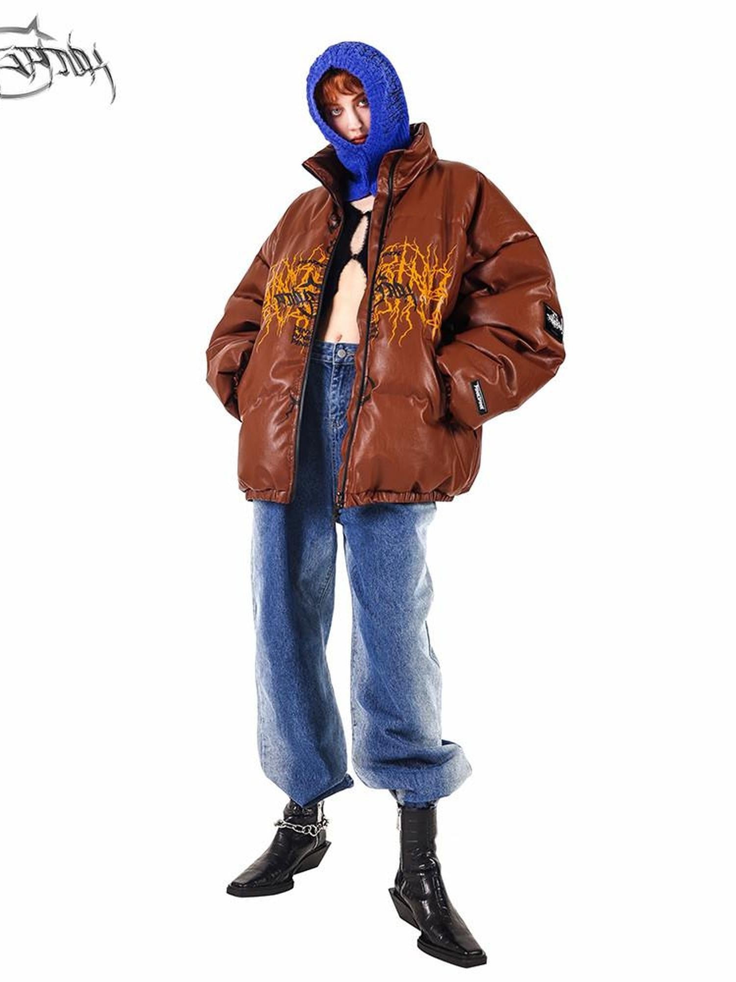 PINKSPINK Klein Blue Logo Print Biker High Collar Women's Pu Leather Puffer Jackets