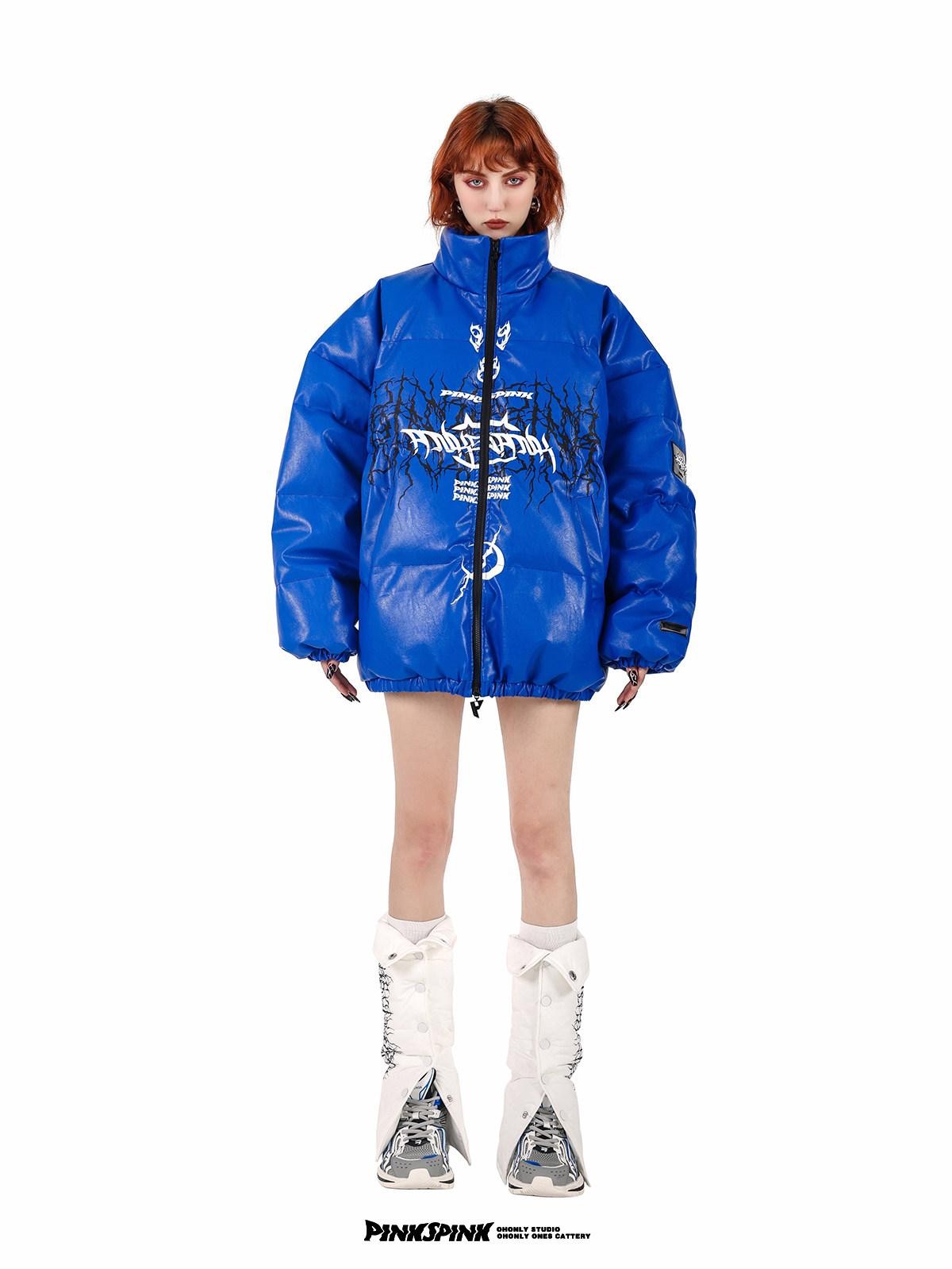 PINKSPINK Klein Blue Logo Print Biker High Collar Women's Pu Leather Puffer Jackets