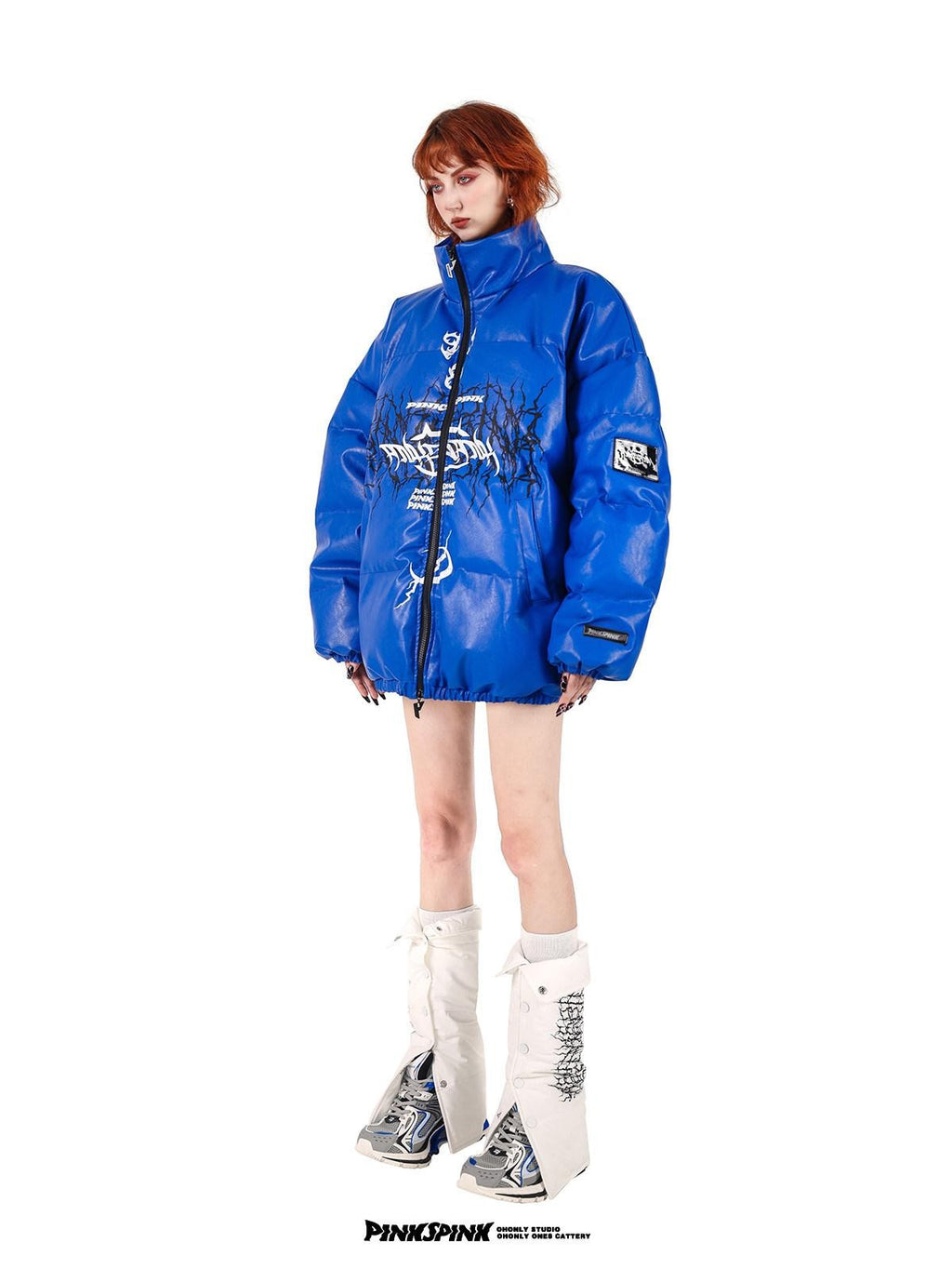 PINKSPINK Klein Blue Logo Print Biker High Collar Women's Pu Leather Puffer Jackets