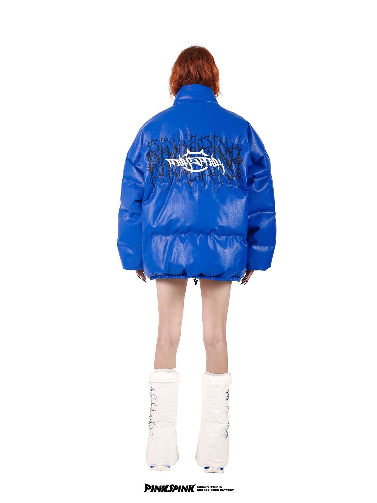 PINKSPINK Klein Blue Logo Print Biker High Collar Women's Pu Leather Puffer Jackets