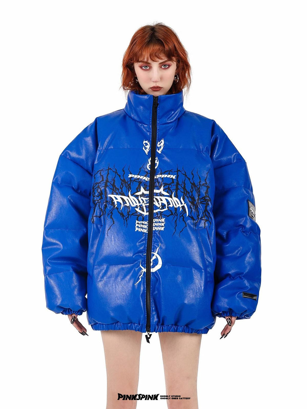 PINKSPINK Klein Blue Logo Print Biker High Collar Women's Pu Leather Puffer Jackets