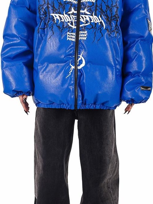 PINKSPINK Klein Blue Logo Print Zipper High Collar Loose Women's Pu Puffer Jackets