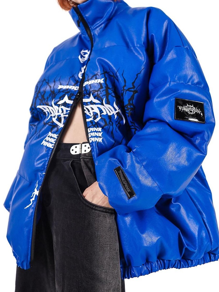 PINKSPINK Klein Blue Logo Print Zipper High Collar Loose Women's Pu Puffer Jackets