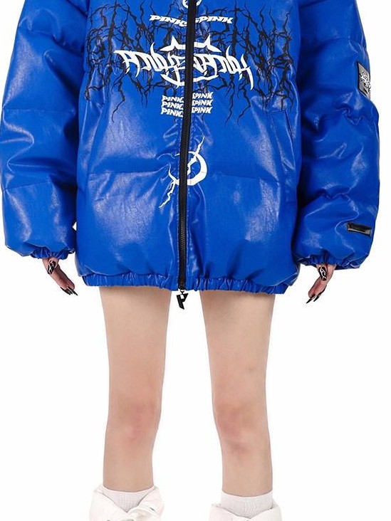 PINKSPINK Klein Blue Logo Print Zipper High Collar Loose Women's Pu Puffer Jackets
