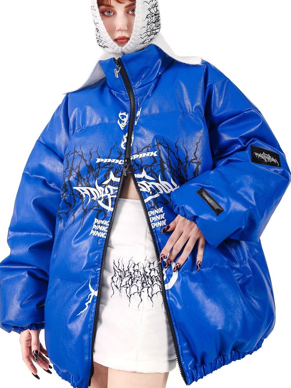 PINKSPINK Klein Blue Logo Print Zipper High Collar Loose Women's Pu Puffer Jackets