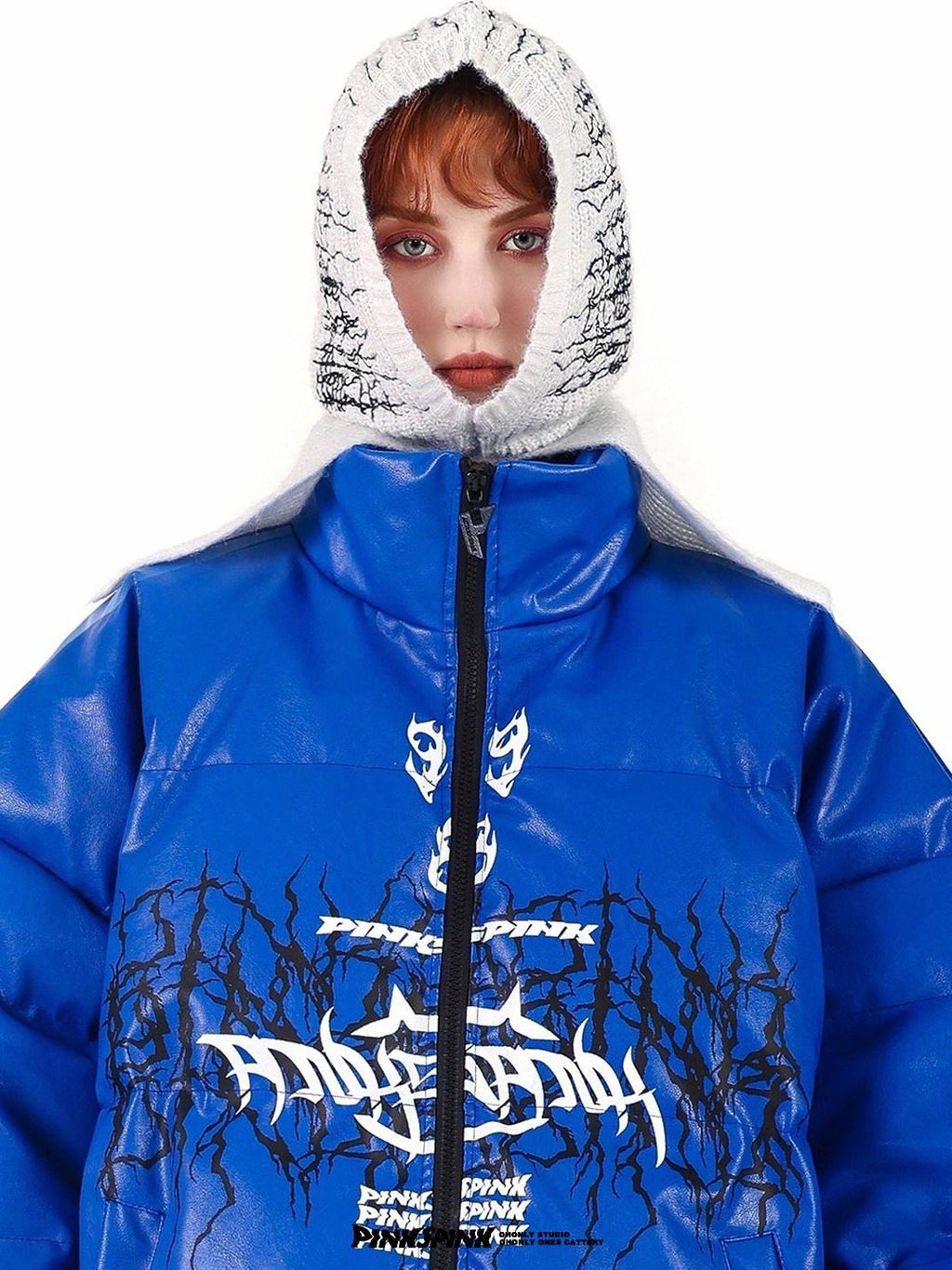PINKSPINK Klein Blue Logo Print Zipper High Collar Loose Women's Pu Puffer Jackets
