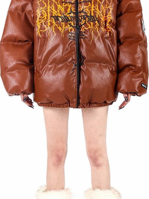 PINKSPINK Klein Blue Logo Print Zipper High Collar Loose Women's Pu Puffer Jackets