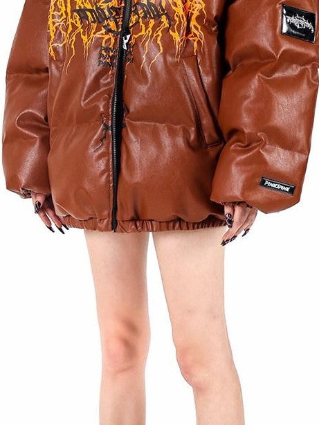 PINKSPINK Klein Blue Logo Print Zipper High Collar Loose Women's Pu Puffer Jackets