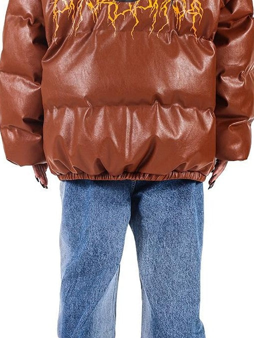 PINKSPINK Klein Blue Logo Print Zipper High Collar Loose Women's Pu Puffer Jackets