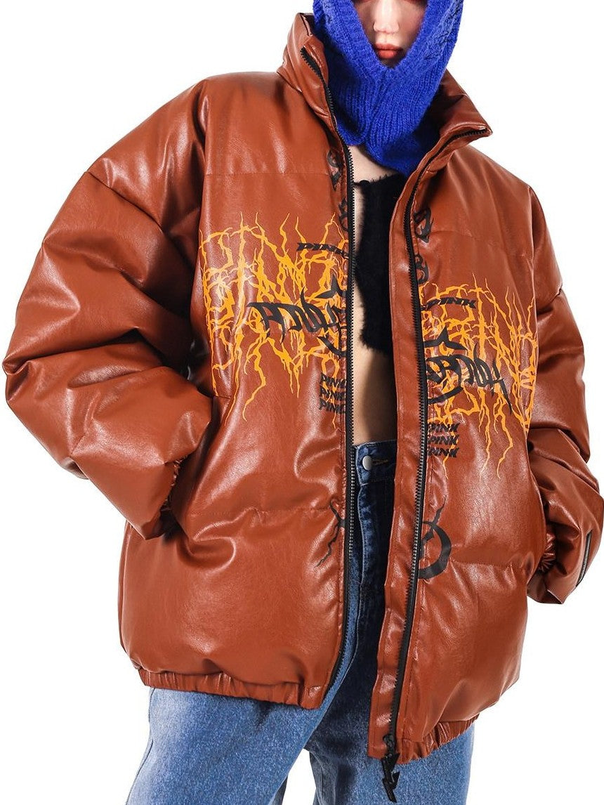 PINKSPINK Klein Blue Logo Print Zipper High Collar Loose Women's Pu Puffer Jackets