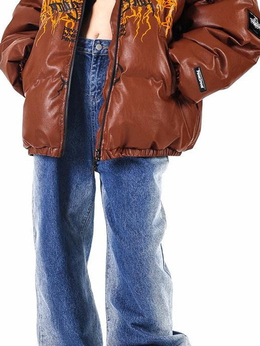 PINKSPINK Klein Blue Logo Print Zipper High Collar Loose Women's Pu Puffer Jackets