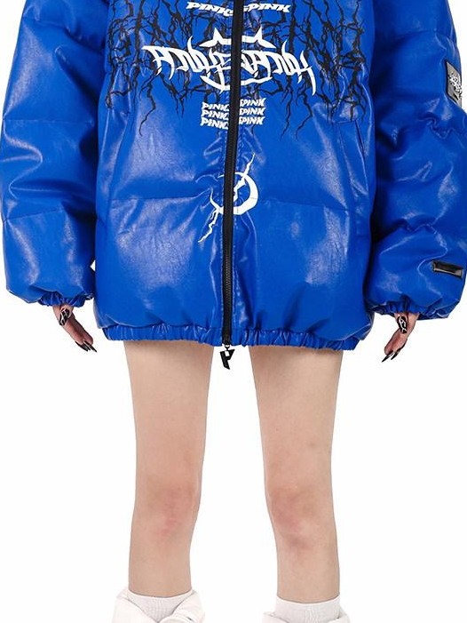 PINKSPINK Klein Blue Logo Print Zipper High Collar Loose Women's Pu Puffer Jackets