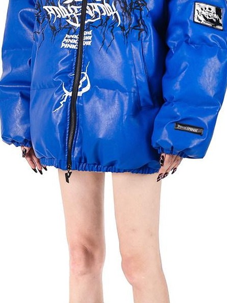 PINKSPINK Klein Blue Logo Print Zipper High Collar Loose Women's Pu Puffer Jackets