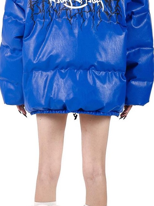 PINKSPINK Klein Blue Logo Print Zipper High Collar Loose Women's Pu Puffer Jackets