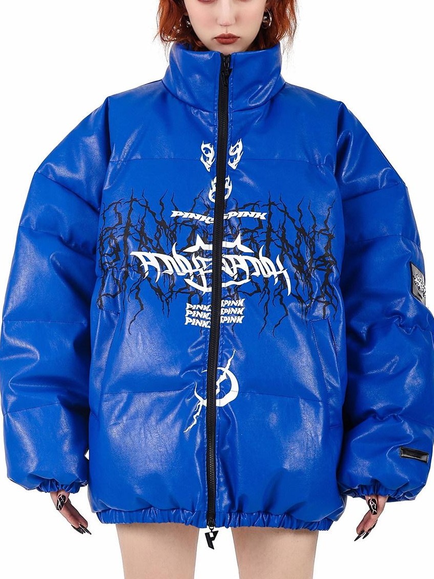 PINKSPINK Klein Blue Logo Print Zipper High Collar Loose Women's Pu Puffer Jackets