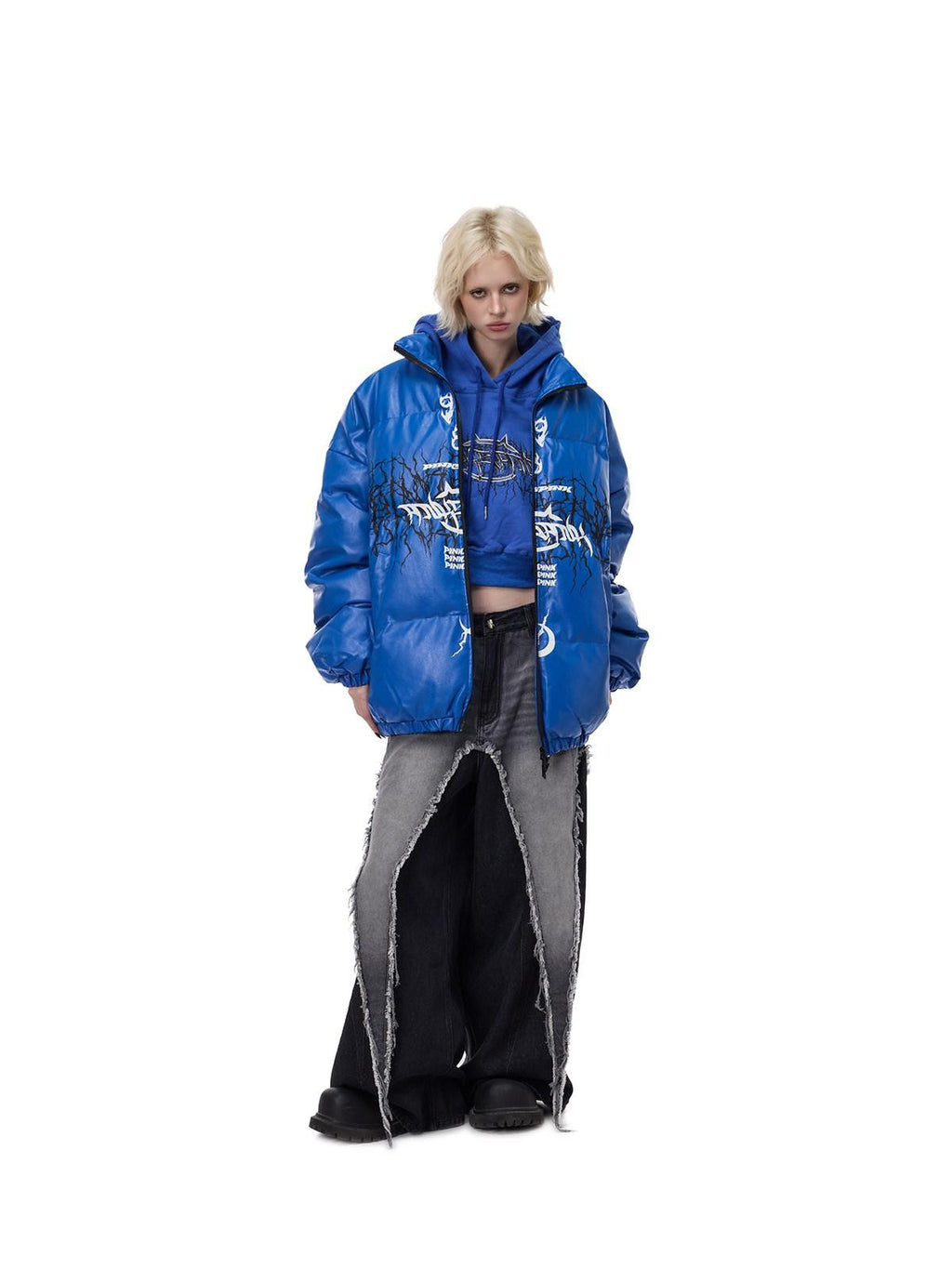PINKSPINK Klein Blue Logo Zipper High Collar Loose Women's Cotton Filled Puffer Jackets