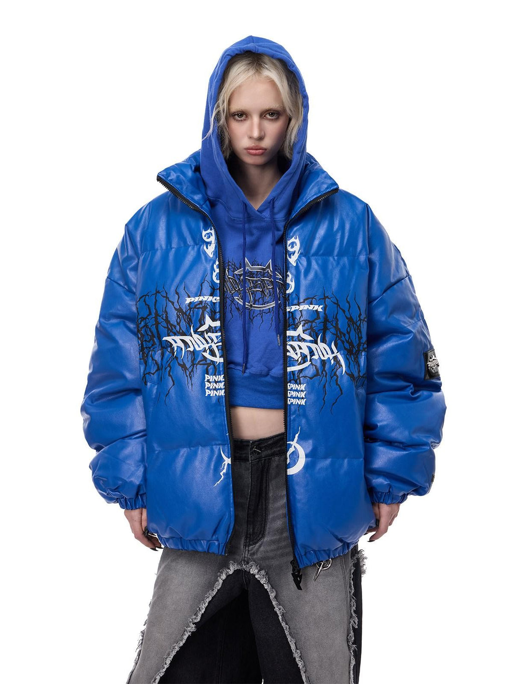 PINKSPINK Klein Blue Logo Zipper High Collar Loose Women's Cotton Filled Puffer Jackets