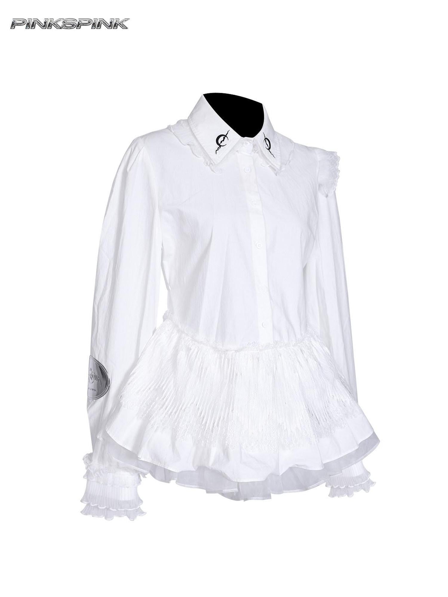 PINKSPINK Lace Ruffle Polo Collar Button Long Sleeve Uv Protection Women's Cotton Shirts