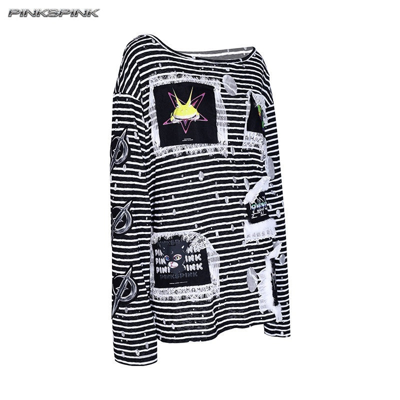 PINKSPINK_Lace_Trim_Striped_Printed_Punk_Frog_Women's_Cotton_Long_Sleeve_T-shirts_927003194716_MISSTT