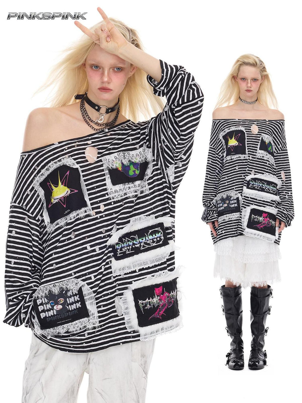 PINKSPINK Lace Trim Striped Printed Punk Frog Women's Cotton Long Sleeve T-shirts