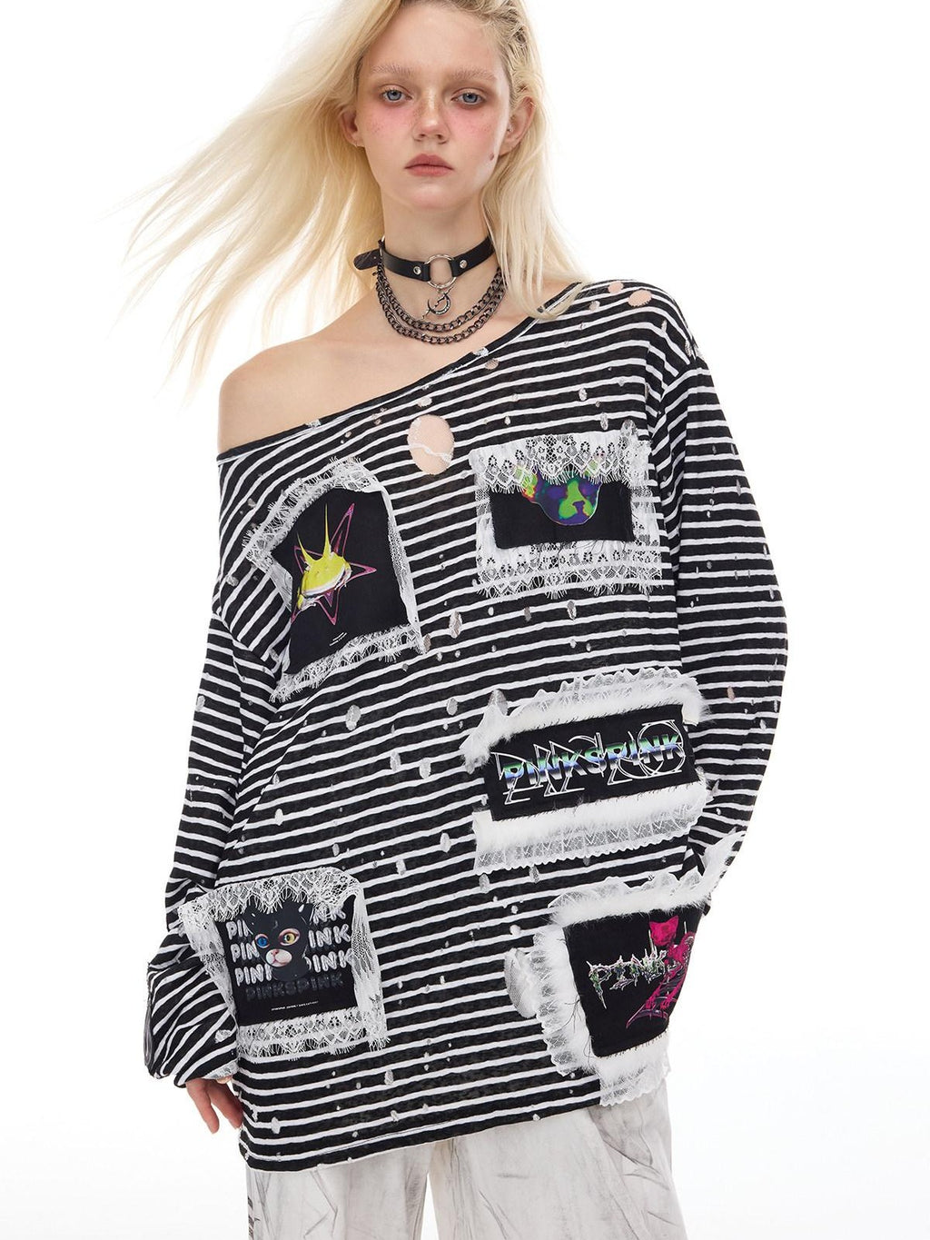PINKSPINK Lace Trim Striped Printed Punk Frog Women's Cotton Long Sleeve T-shirts