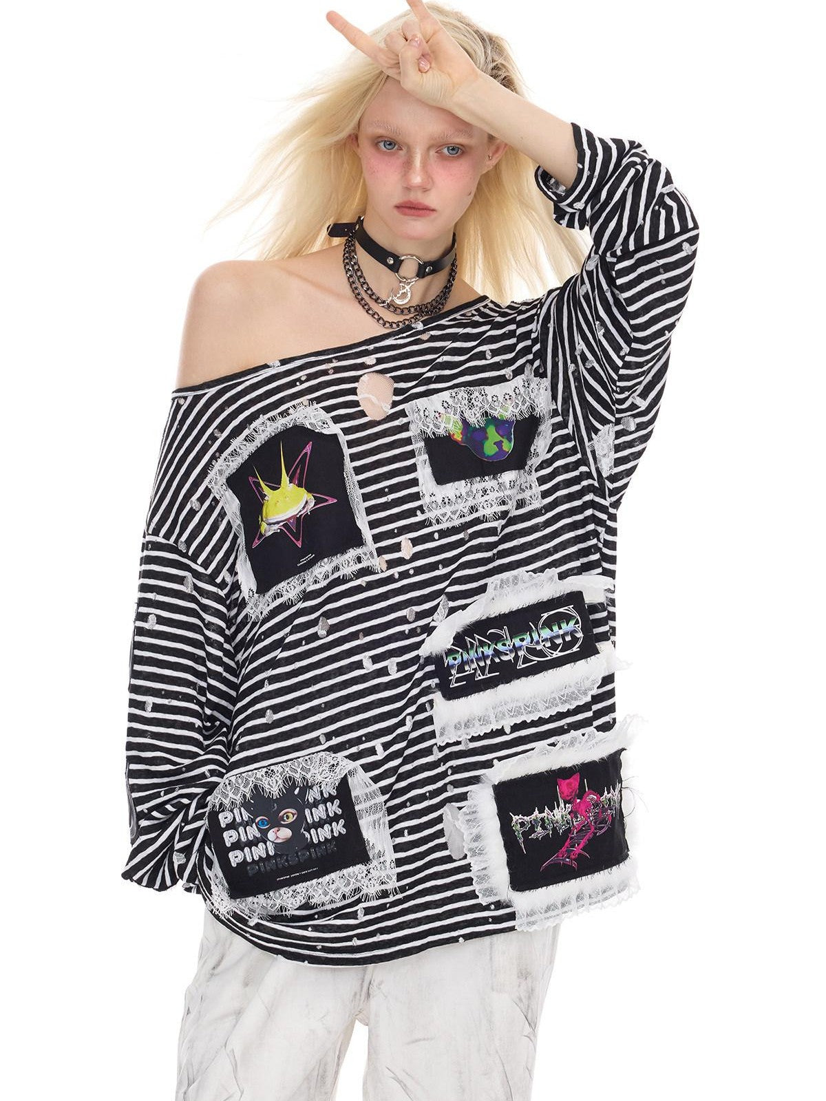 PINKSPINK Lace Trim Striped Printed Punk Frog Women's Cotton Long Sleeve T-shirts
